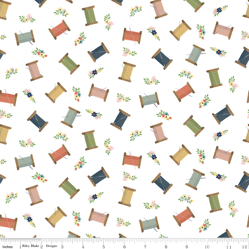 Sew Much Fun White Thread Spools Yardage by Echo Park Paper for Riley Blake Designs