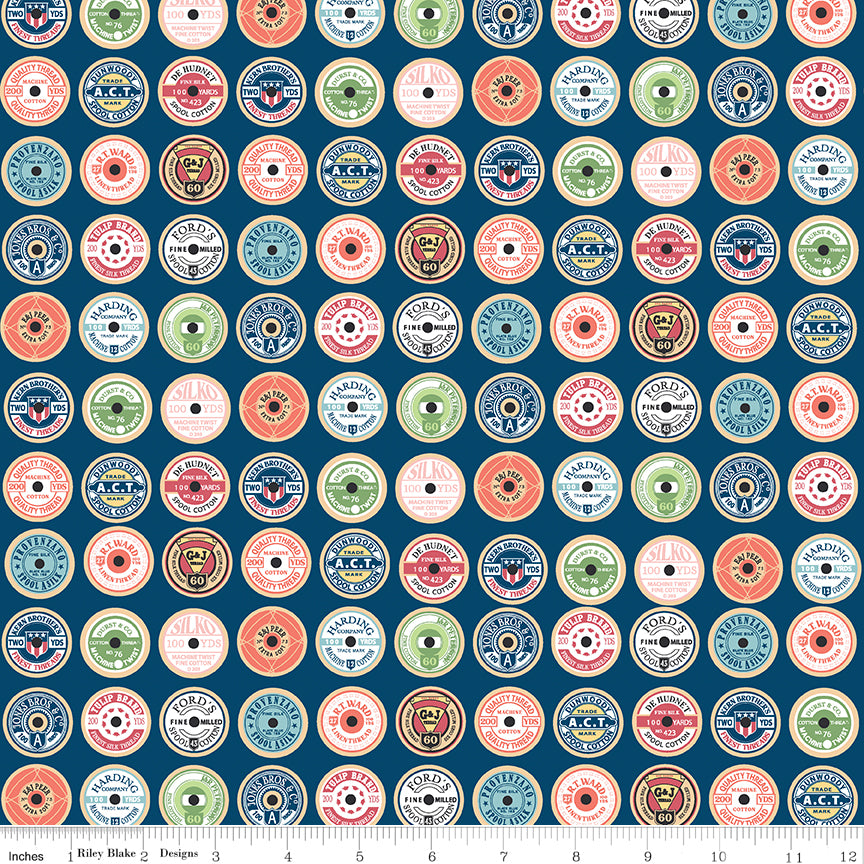 Sew Much Fun Navy Spool Toppers Yardage by Echo Park Paper for Riley Blake Designs
