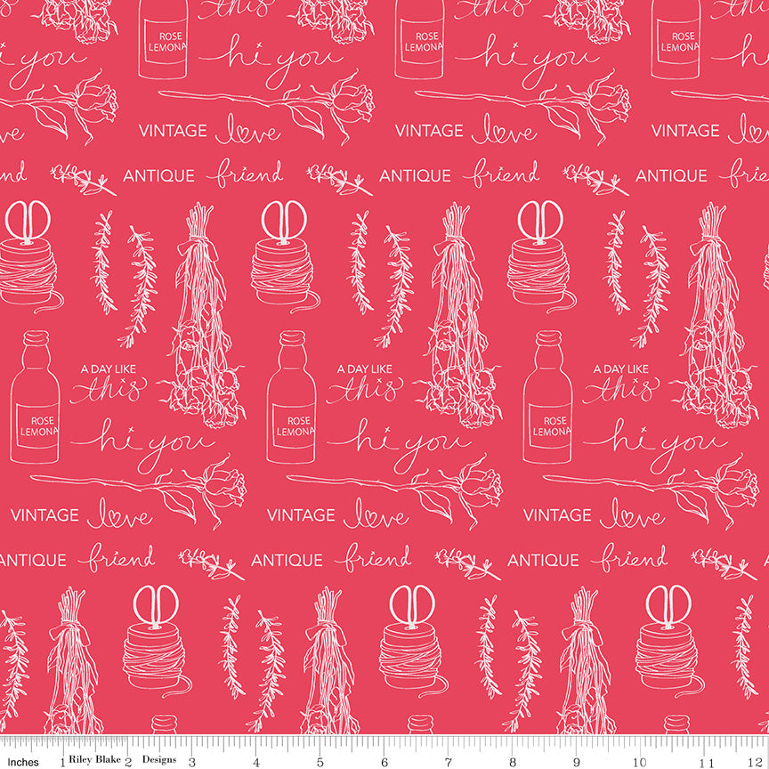 Idyllic Raspberry Text Yardage by Minki Kim for Riley Blake Designs