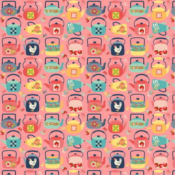 Betsy's Sewing Kit Pink Calico Kettles Yardage by Lori Woods for Poppie Cotton Fabrics