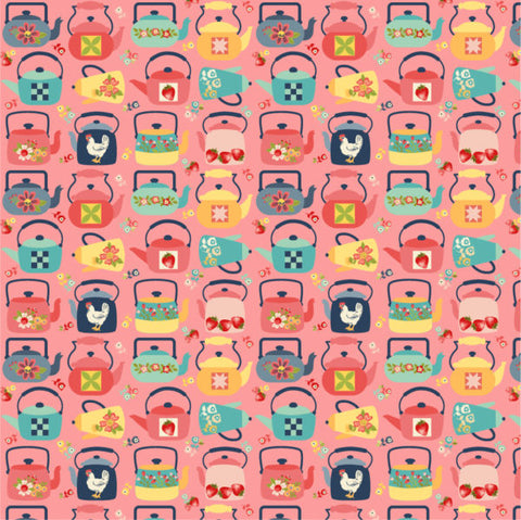 Betsy's Sewing Kit Pink Calico Kettles Yardage by Lori Woods for Poppie Cotton Fabrics