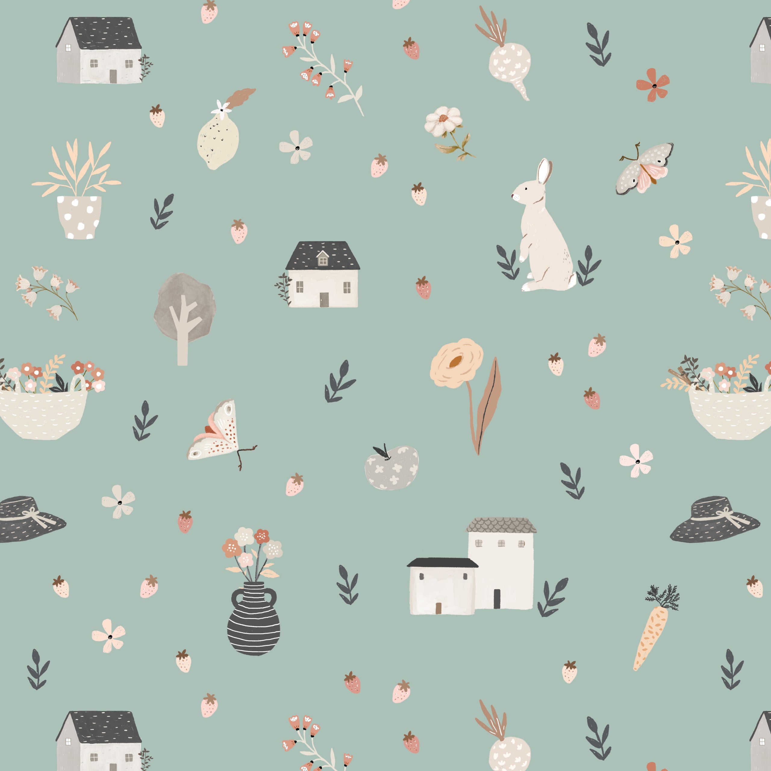 House and Home Blue Happy Home Yardage by Lori Woods for Poppie Cotton Fabrics