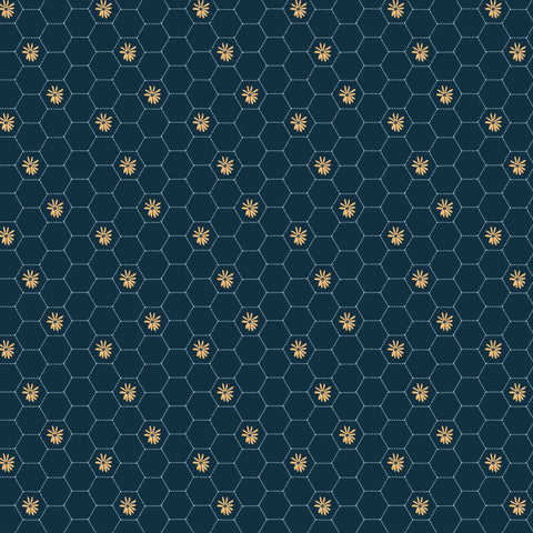 Sunshine And Chamomile Navy Honey Comb Yardage by Lori Woods for Poppie Cotton Fabrics