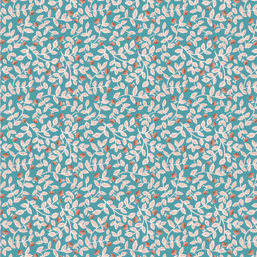 Goose Creek Gardens Teal Meadow Leaves Yardage by Lori Woods for Poppie Cotton Fabrics