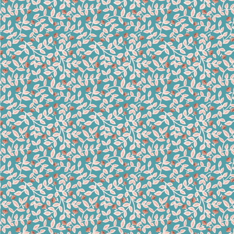 BOLT END 41" Goose Creek Gardens Teal Meadow Leaves Yardage by Lori Woods for Poppie Cotton Fabrics