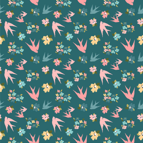 Treasured Threads Teal Swallow Tail Yardage by Lori Woods for Poppie Cotton Fabrics