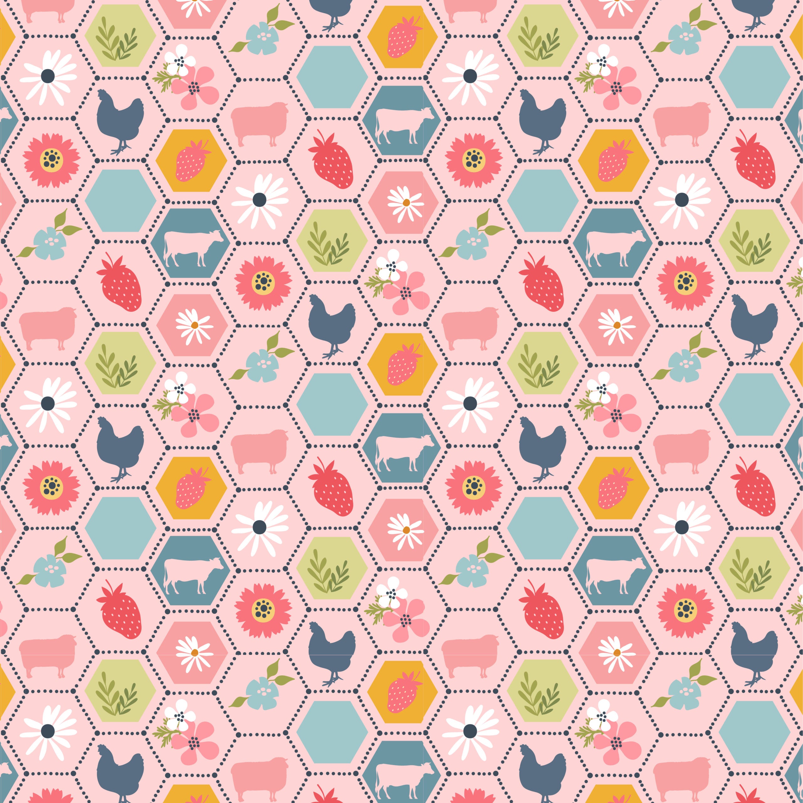 Sunshine And Chamomile Pink Strawberry Patch Yardage by Lori Woods for Poppie Cotton Fabrics