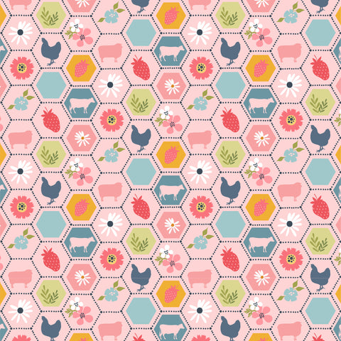 Sunshine And Chamomile Pink Strawberry Patch Yardage by Lori Woods for Poppie Cotton Fabrics