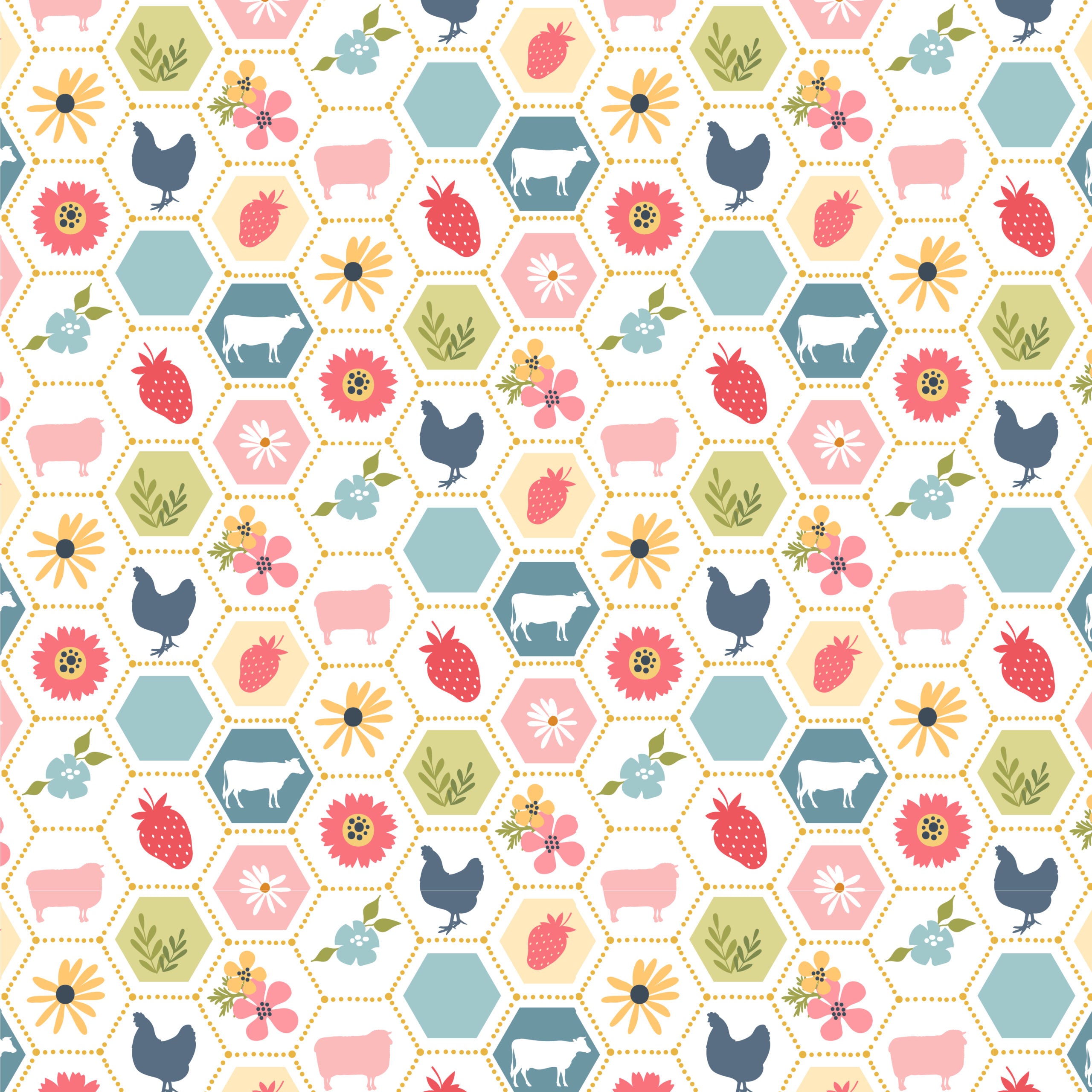 Sunshine And Chamomile White Strawberry Patch Yardage by Lori Woods for Poppie Cotton Fabrics
