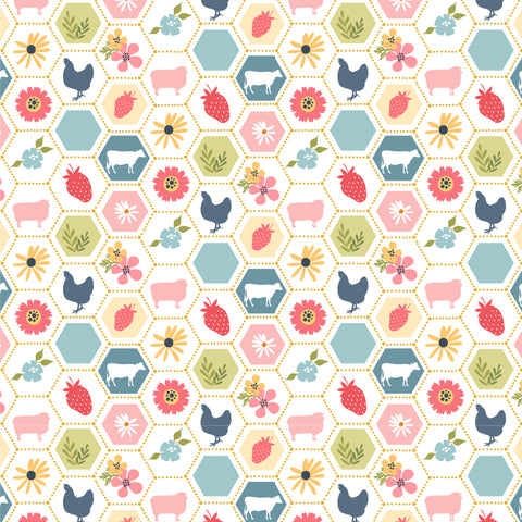 Sunshine And Chamomile White Strawberry Patch Yardage by Lori Woods for Poppie Cotton Fabrics