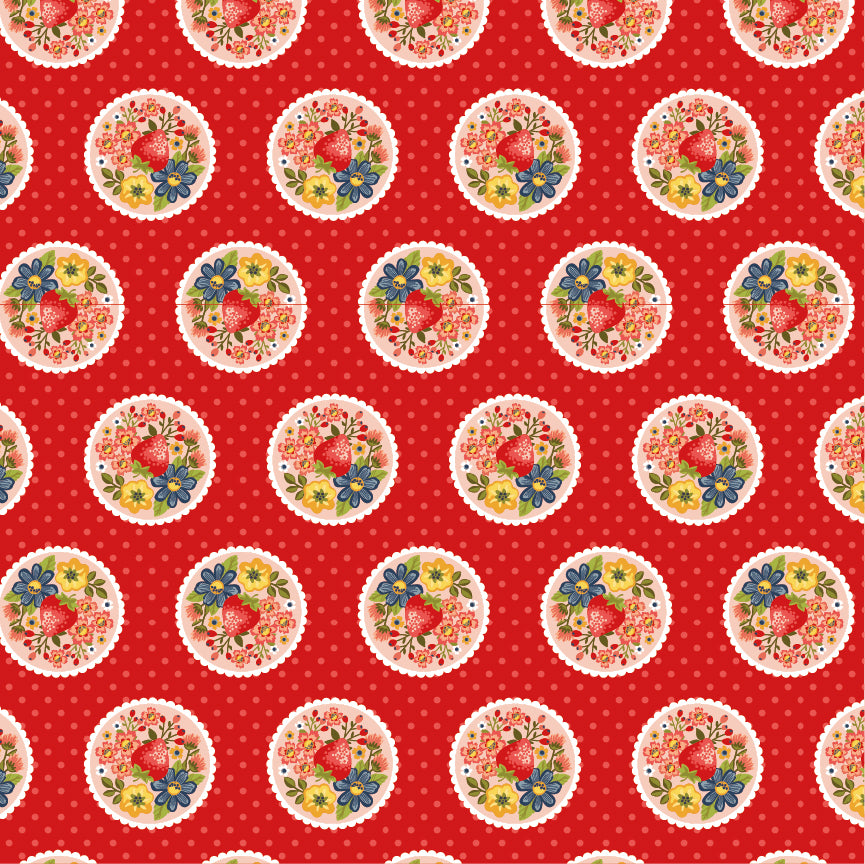 Betsy's Sewing Kit Red Strawberry Pie Yardage by Lori Woods for Poppie Cotton Fabrics