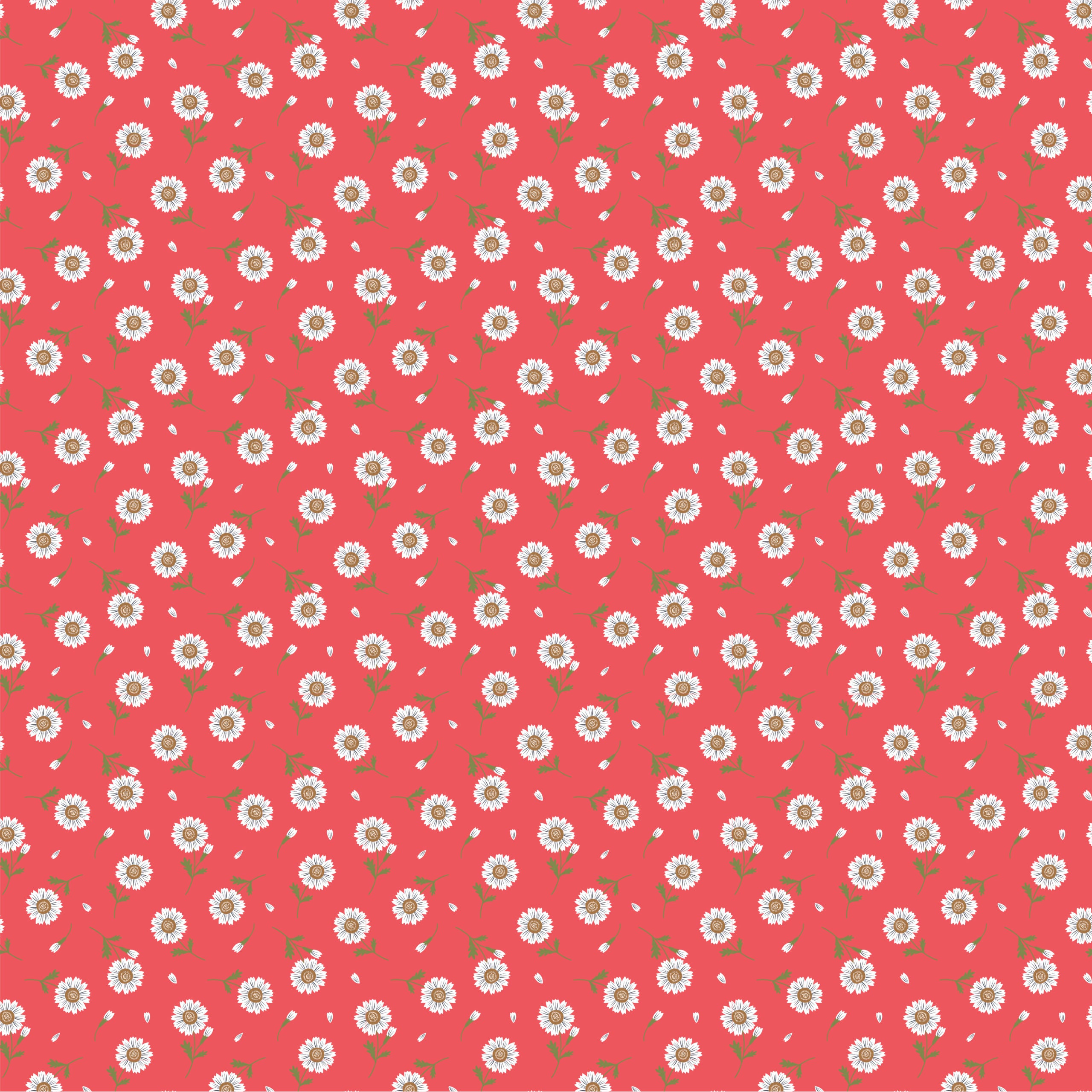 Sunshine And Chamomile Red Tossed Daisies Yardage by Lori Woods for Poppie Cotton Fabrics