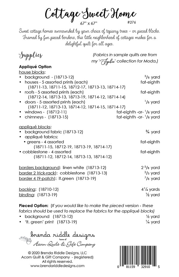 Cottage Sweet Home Quilt Pattern by Brenda Riddle Designs