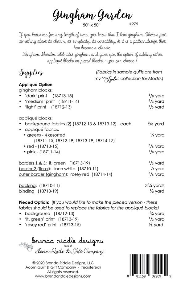 Gingham Garden Quilt Pattern by Brenda Riddle Designs