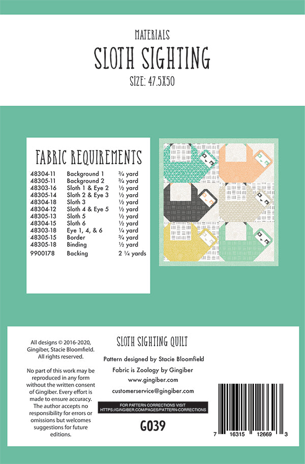 Sloth Sighting Quilt Pattern by Gingiber