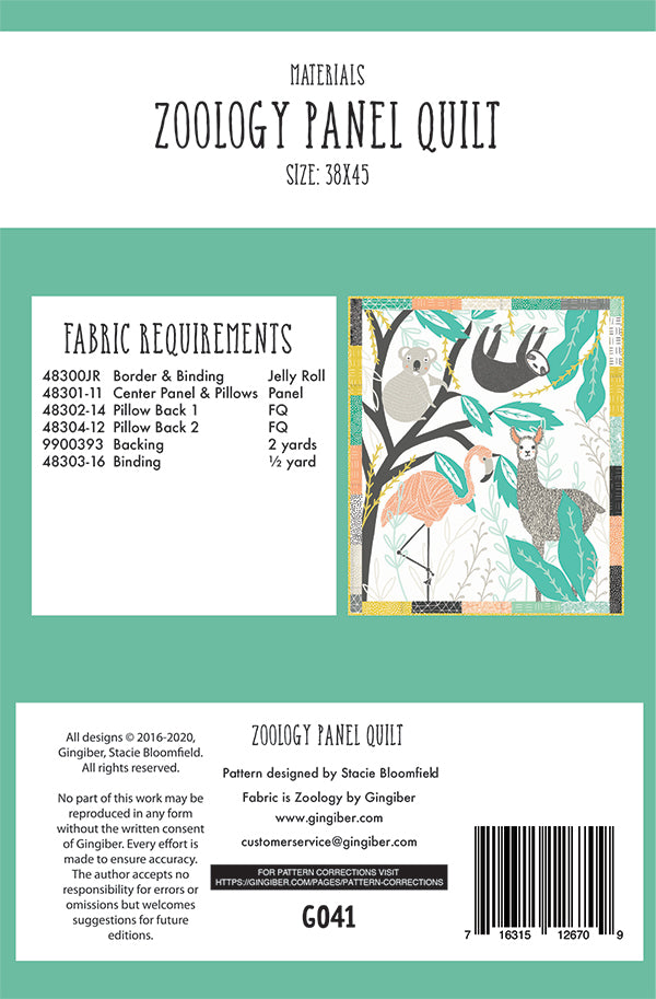 Zoology Panel Quilt Pattern by Gingiber
