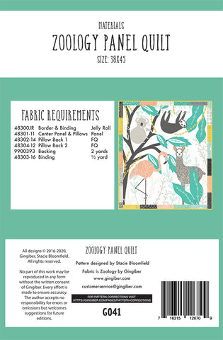 Zoology Panel Quilt Pattern by Gingiber