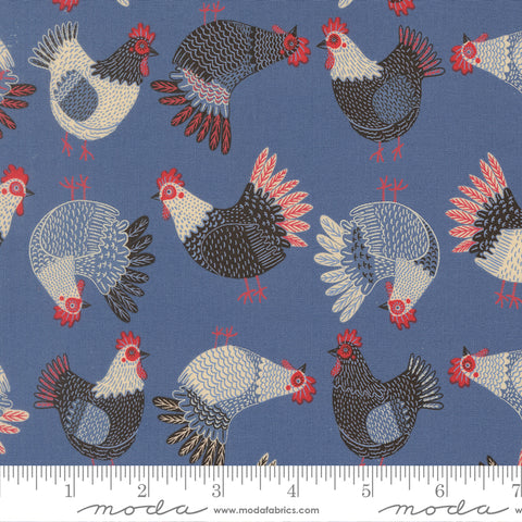 The Henhouse Cobalt Tossed Chickens Yardage by Gingiber for Moda Fabrics