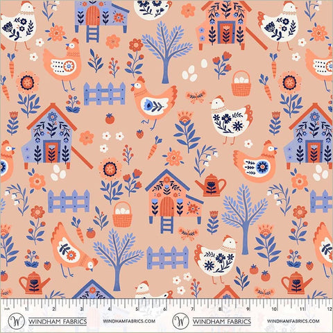 Folky Chicken Peach Chicken Co-op Yardage by Natalie Briscoe for Windham Fabrics