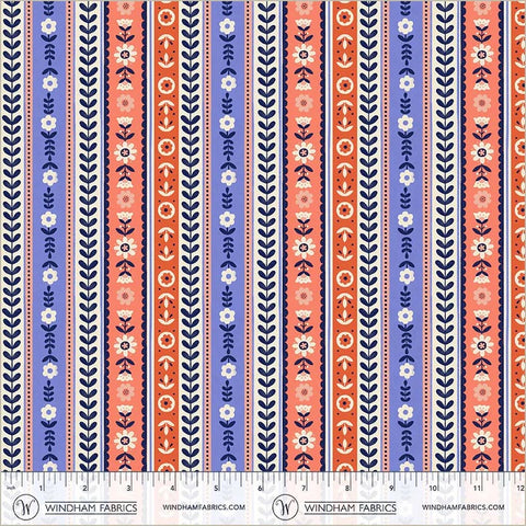 Folky Chicken Cobalt Ribbon Stripe Yardage by Natalie Briscoe for Windham Fabrics