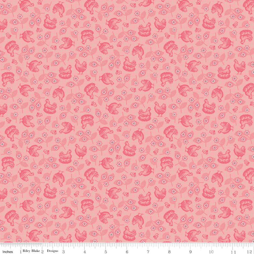 Farmer's Daughter Coral Hen & Chicks Yardage by Lori Holt for Riley Blake Designs