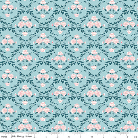 Correspondence Aqua Trellis Damask Yardage by Beverly McCullough for Riley Blake Designs