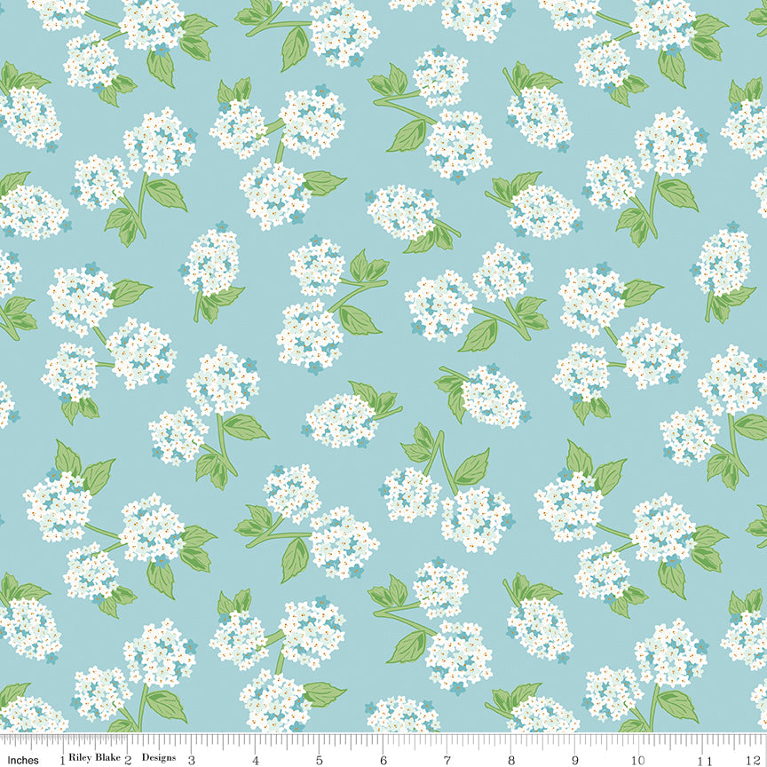 Correspondence Aqua Hydrangeas Yardage by Beverly McCullough for Riley Blake Designs