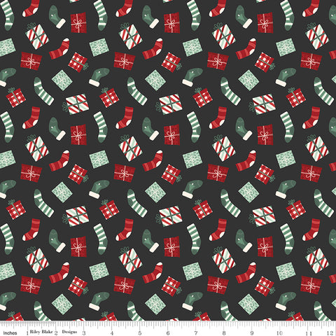 Evergreen Wishes Black Stockings & Gifts Yardage by Traci Reed for Riley Blake Designs