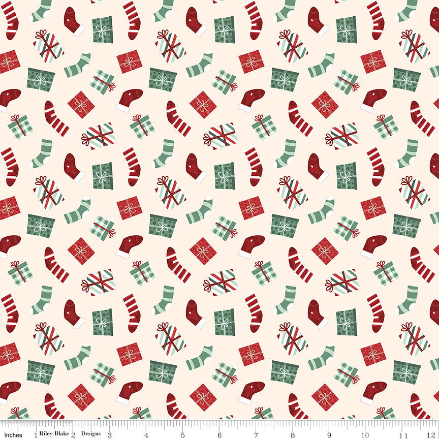 Evergreen Wishes Cream Stockings & Gifts Yardage by Traci Reed for Riley Blake Designs