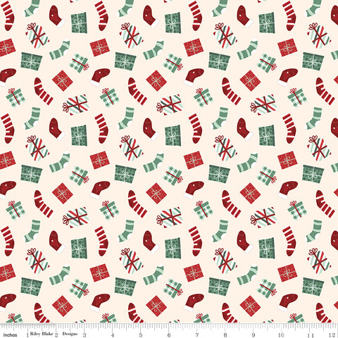 Evergreen Wishes Cream Stockings & Gifts Yardage by Traci Reed for Riley Blake Designs