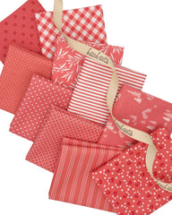 10 brightly muted pink fat quarters in florals, stripes, geometrics and ginghams. 