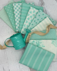 10 fat quarters in soft aqua and off whites. Stripes, florals and geometrics. 