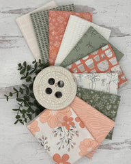 10 fat quarters with sage greens, peachy pinks and off whites with mostly botanical and geometric prints. 