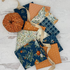 10 Fat quarters of harvest prints in navy, orange and cream