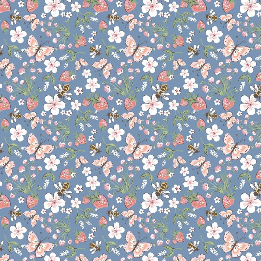 Homegrown Preserves Blue Honeybee Meadow Yardage by Sheri McCulley for Poppie Cotton Fabrics