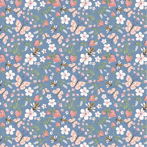 Homegrown Preserves Blue Honeybee Meadow Yardage by Sheri McCulley for Poppie Cotton Fabrics