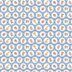 Homegrown Preserves Blue Fruit Plate Yardage by Sheri McCulley for Poppie Cotton Fabrics