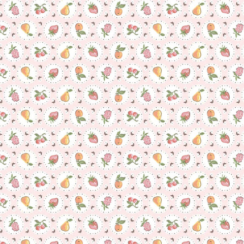 Homegrown Preserves Pink Fruit Plate Yardage by Sheri McCulley for Poppie Cotton Fabrics