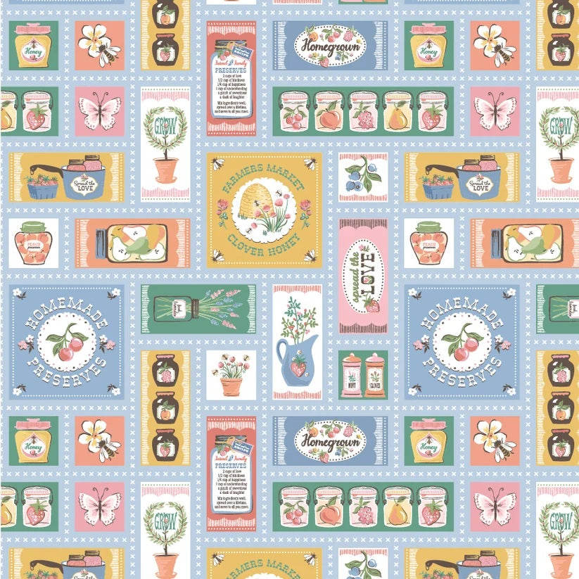 Homegrown Preserves Blue Farmer's Market Yardage by Sheri McCulley for Poppie Cotton Fabrics