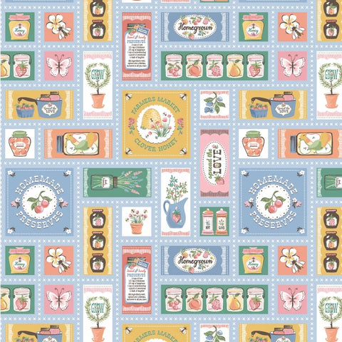 Homegrown Preserves Blue Farmer's Market Yardage by Sheri McCulley for Poppie Cotton Fabrics
