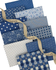 Collection of 10 fat quarters with dots  ginghams in a bluebell color. 