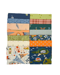 14 fat quarters in cream, navy, peach and green backgrounds with camping/fishing motifs. 