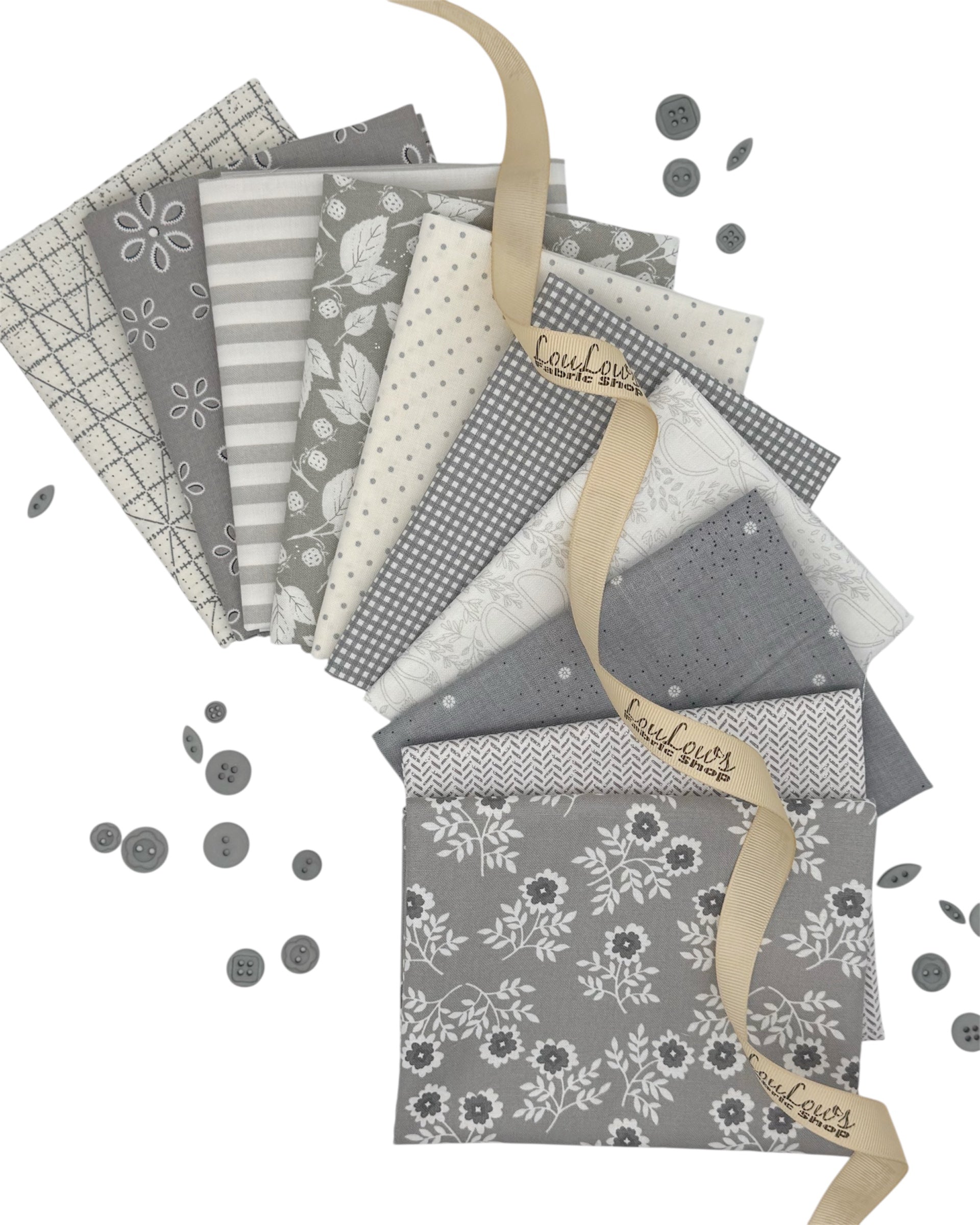 10 cream/off white and cool gray fat quarters in a variety of prints
