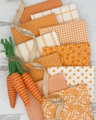 7 fat quarters in a bright tangerine color and three with white background and tangerine accents. Ginghams, florals and grid prints. 