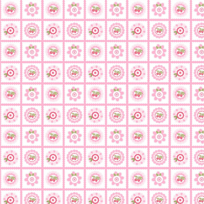 Smitten Chicken Pink Petits Fours Yardage by Lori Woods for Poppie Cotton Fabrics