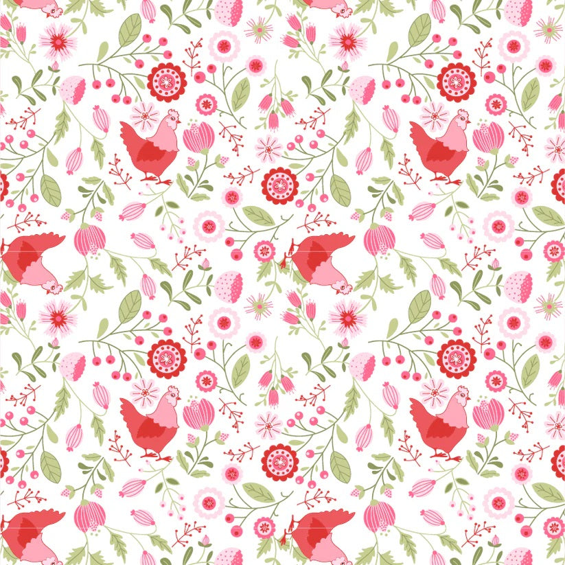Smitten Chicken White Smitten Chicken Yardage by Lori Woods for Poppie Cotton Fabrics