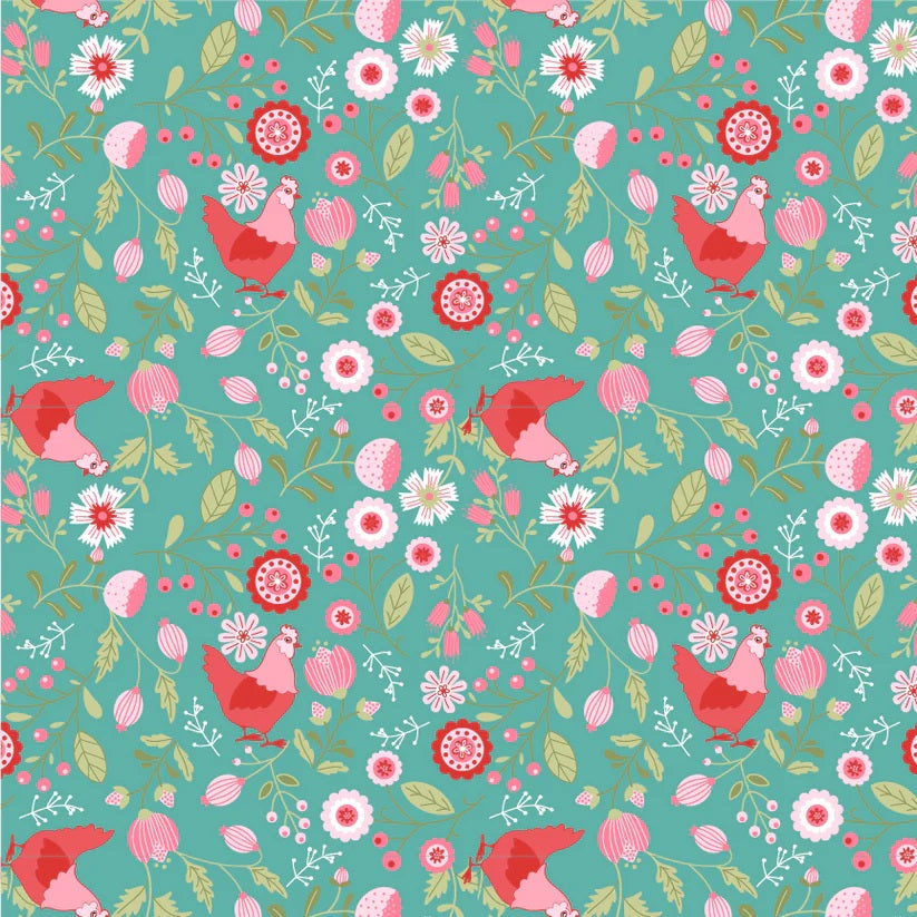 Smitten Chicken Aqua Smitten Chicken Yardage by Lori Woods for Poppie Cotton Fabrics