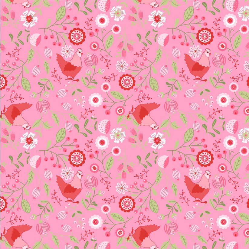 Smitten Chicken Pink Smitten Chicken Yardage by Lori Woods for Poppie Cotton Fabrics