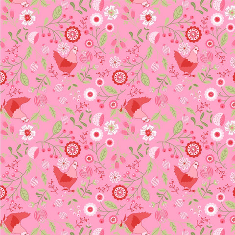 Smitten Chicken Pink Smitten Chicken Yardage by Lori Woods for Poppie Cotton Fabrics