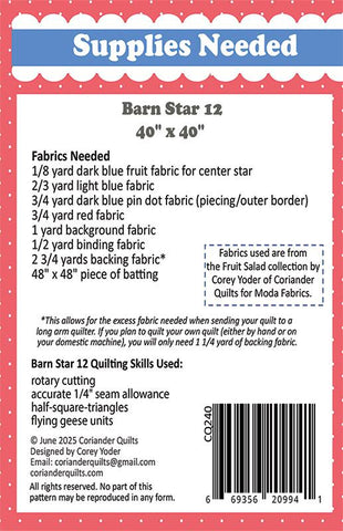 Barn Star 12 Quilt Pattern by Coriander Quilts